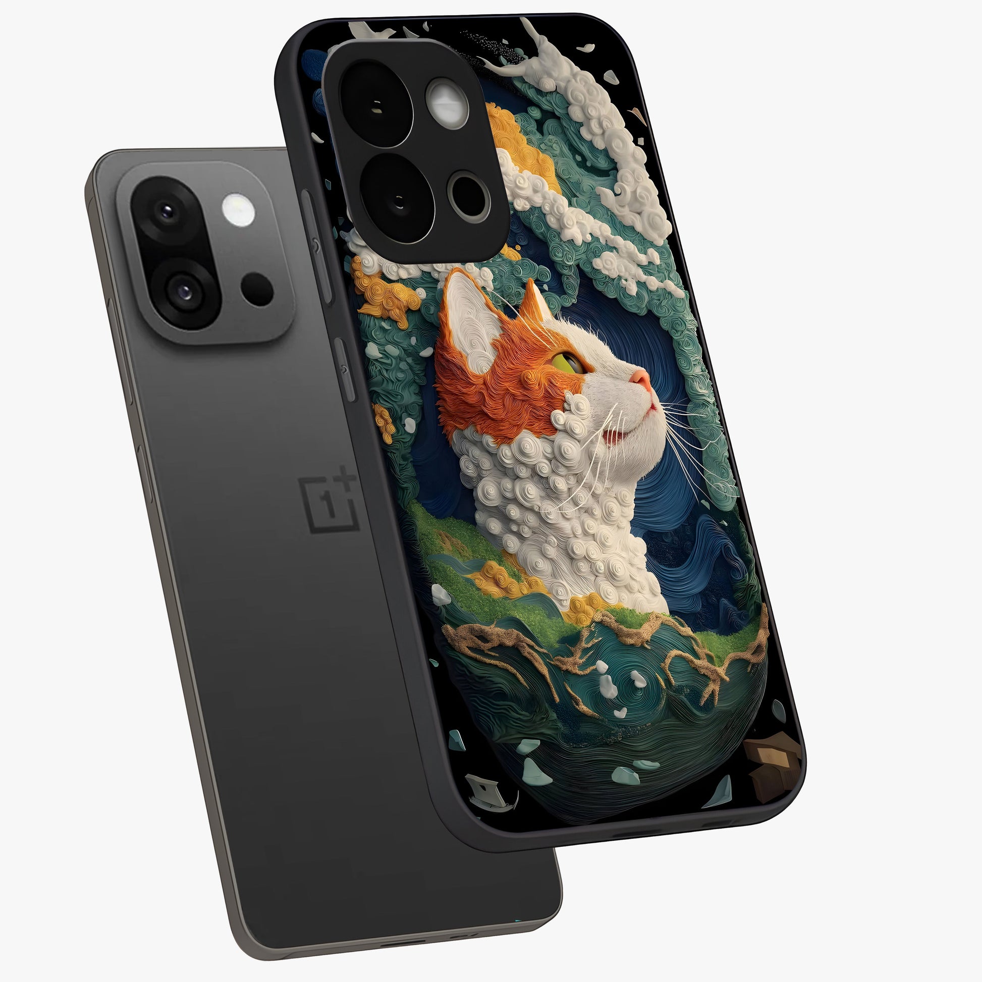 Aurora Cat Dreams Glass Case for 1+13S angled mockup showcasing glossy finish and vibrant cosmic colors