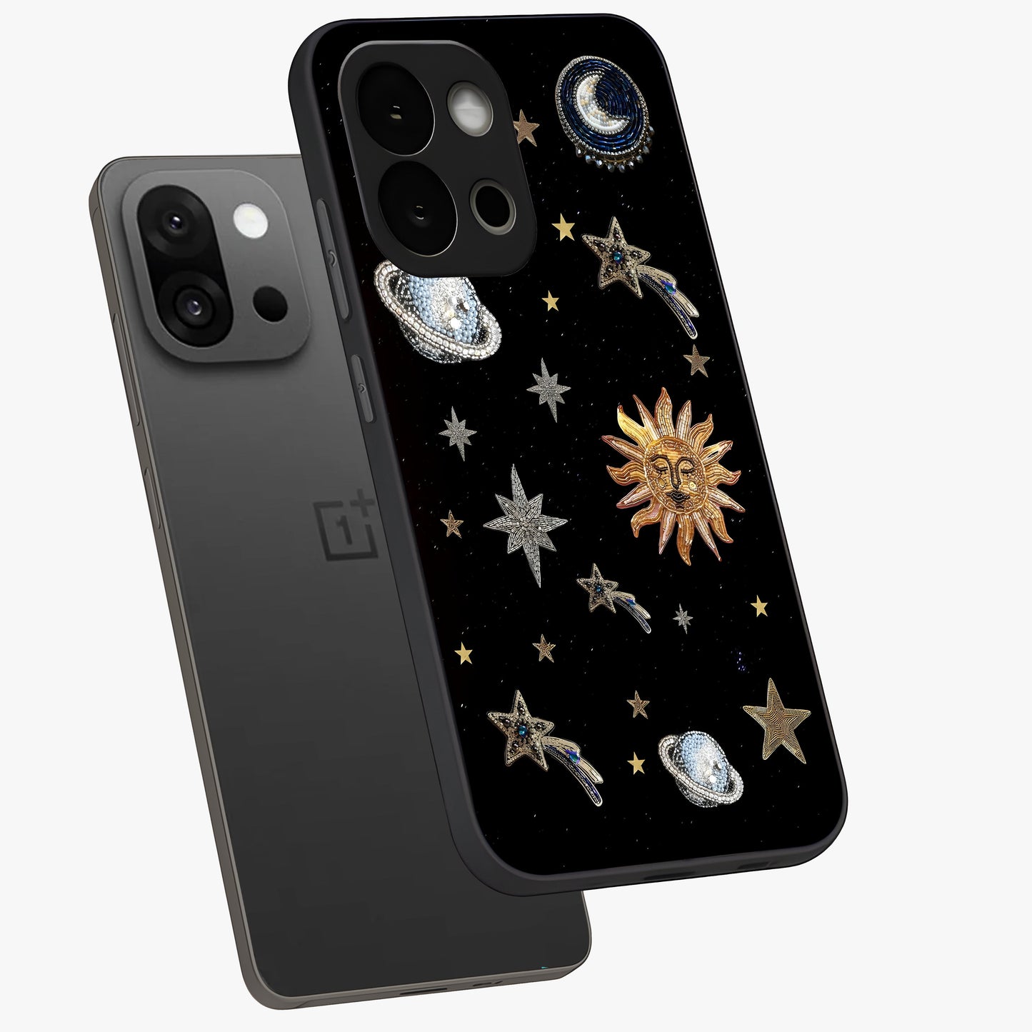 Beaded Cosmic Dreams Glass Case for 1+13S angled mockup showcasing glossy finish and vibrant galaxy detailing