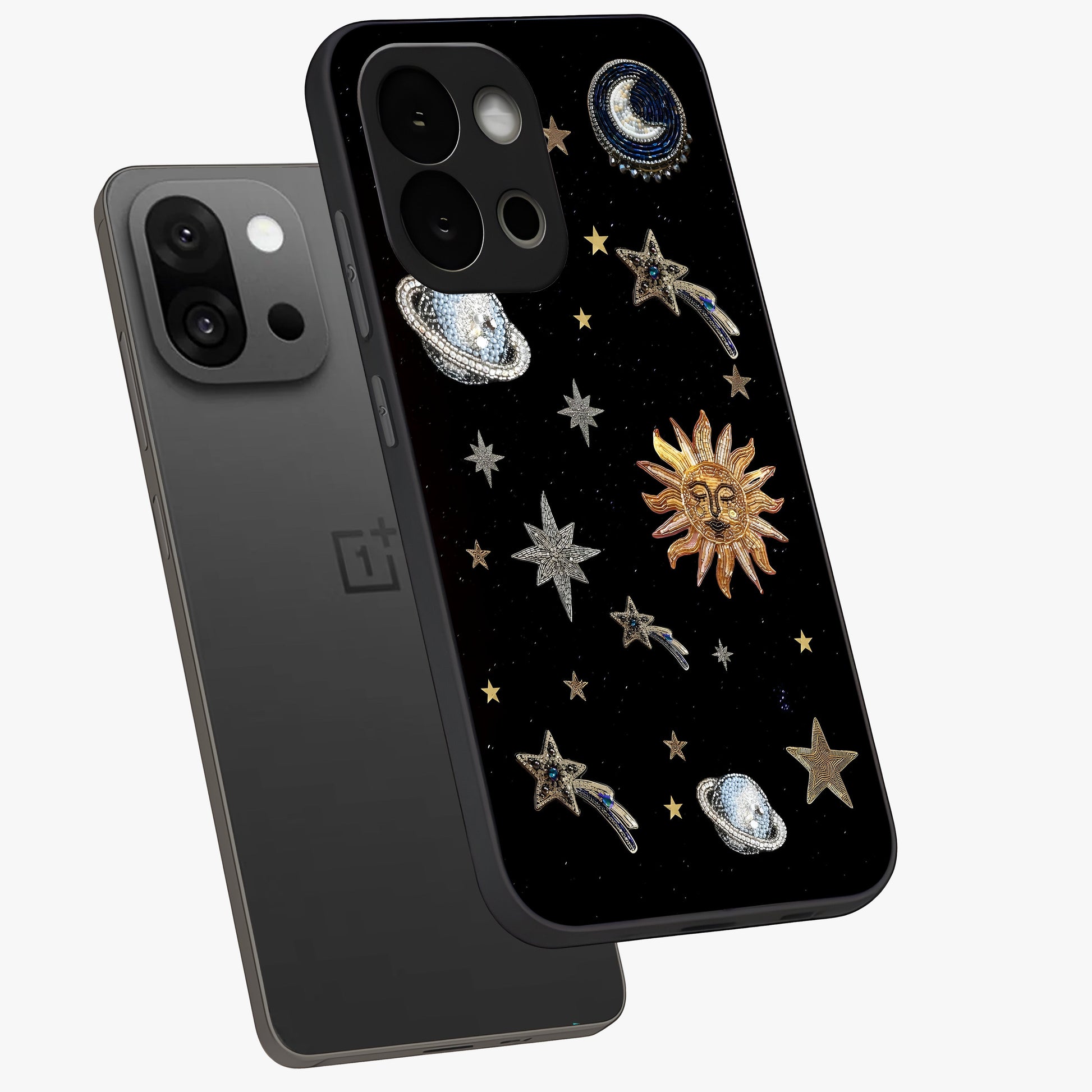Beaded Cosmic Dreams Glass Case for 1+13S angled mockup showcasing glossy finish and vibrant galaxy detailing