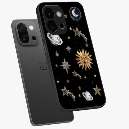 Beaded Cosmic Dreams Glass Case for 1+13S angled mockup showcasing glossy finish and vibrant galaxy detailing