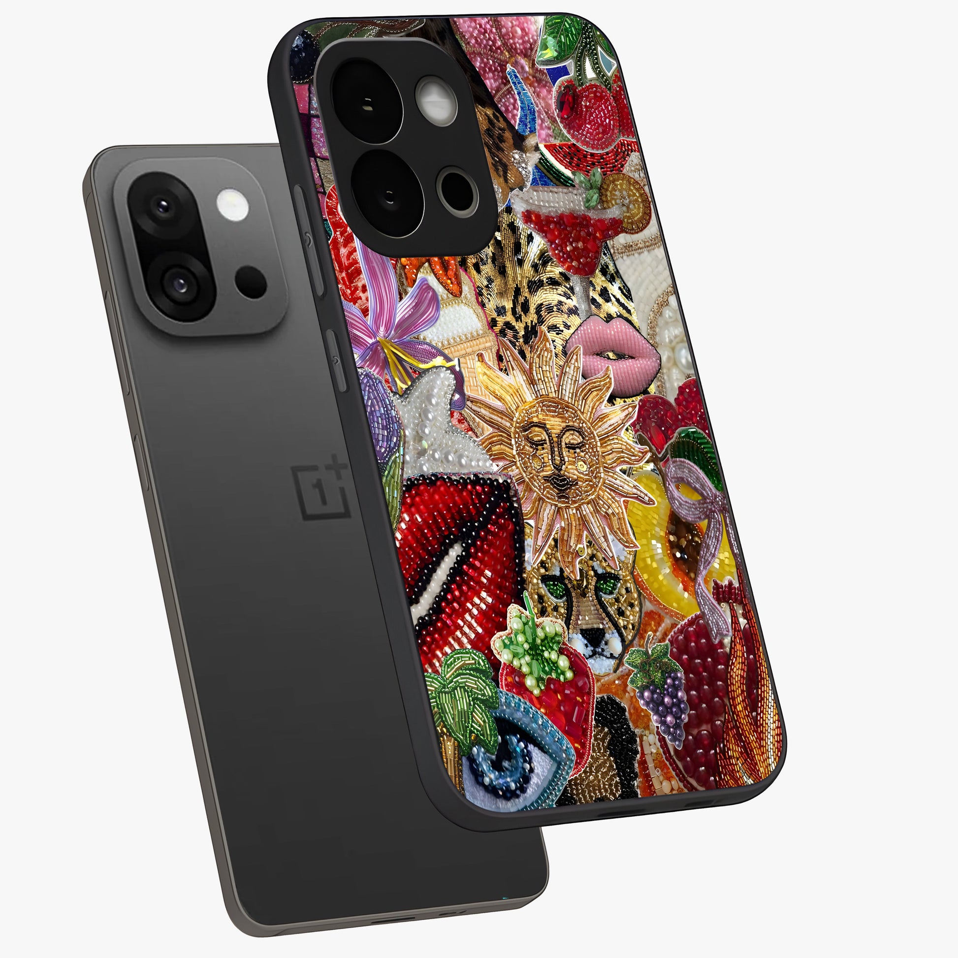 Beaded Fashion Jungle Glass Case for 1+13S angled mockup showcasing glossy finish and vibrant tropical design