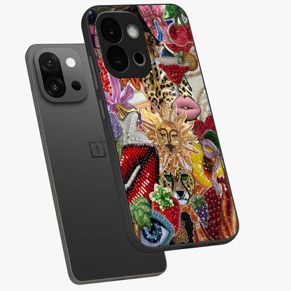 Beaded Fashion Jungle Glass Case for 1+13S angled mockup showcasing glossy finish and vibrant tropical design