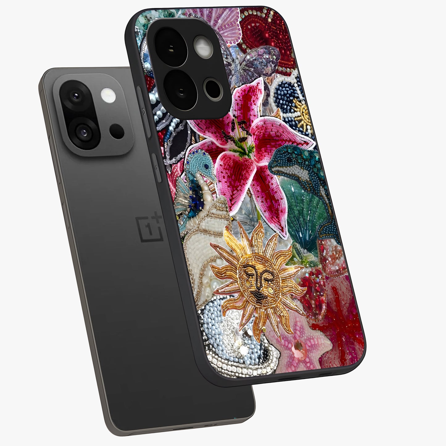 Beaded Garden Fantasy Glass Case for 1+13S angled mockup showcasing glossy finish and detailed fantasy design