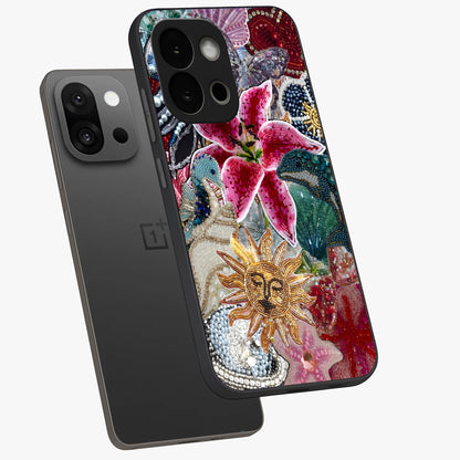 Beaded Garden Fantasy Glass Case for 1+13S angled mockup showcasing glossy finish and detailed fantasy design