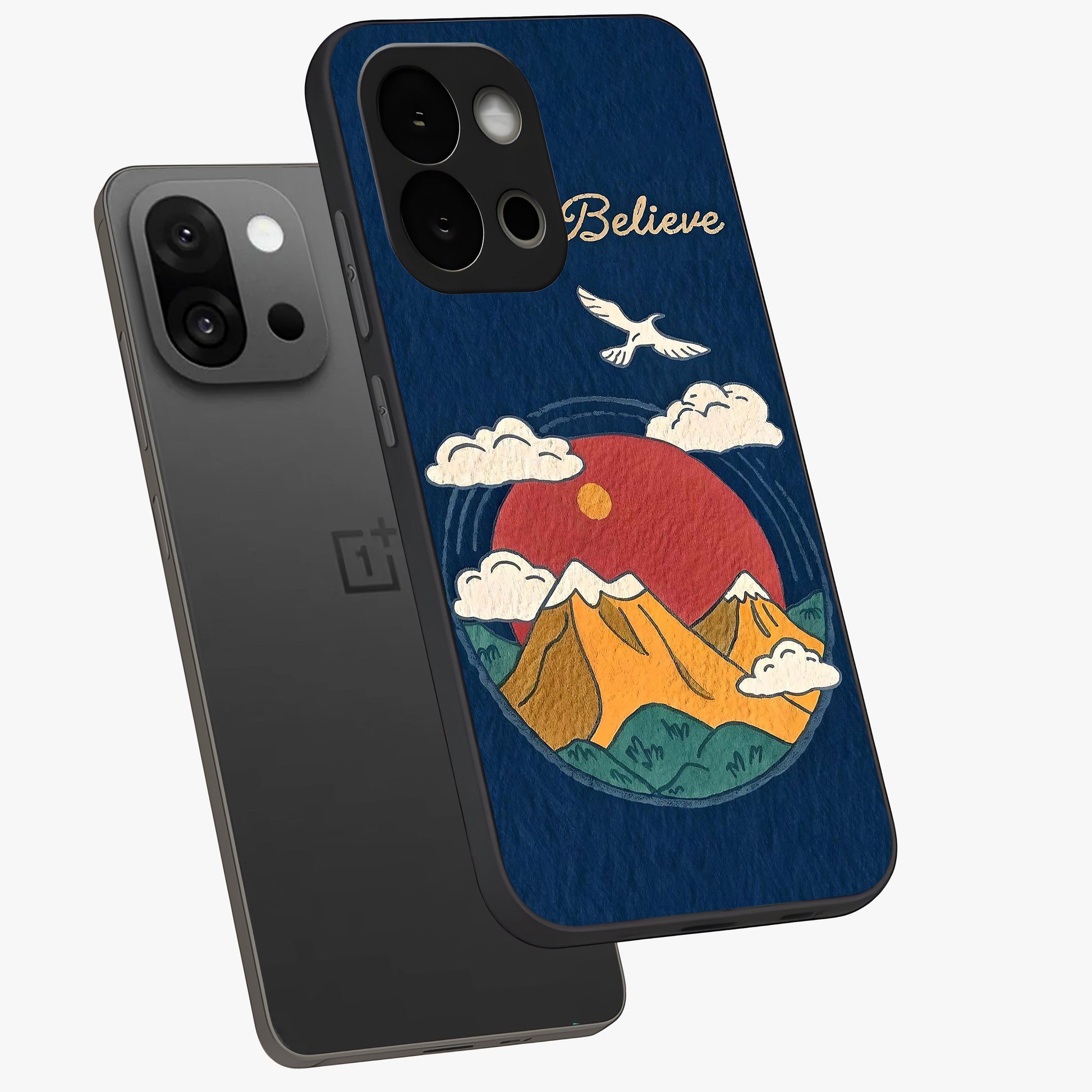 Believe Sky Escape Glass Case for 1+13S angled mockup showcasing glossy finish and serene cloud design