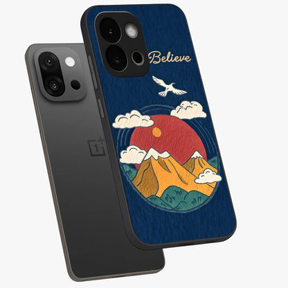 Believe Sky Escape Glass Case for 1+13S angled mockup showcasing glossy finish and serene cloud design