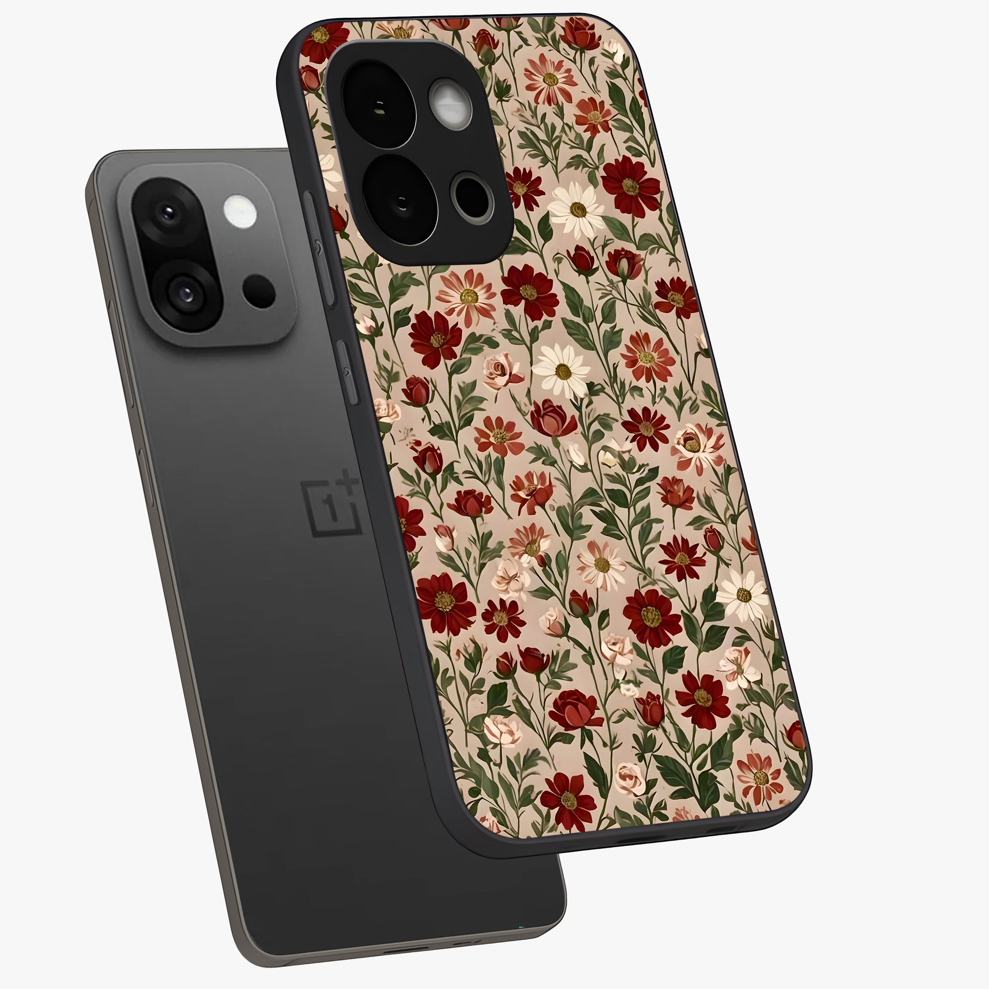 Biege Flower With Leaf Glass Case for 1+13S angled mockup showcasing glossy finish and minimal botanical design