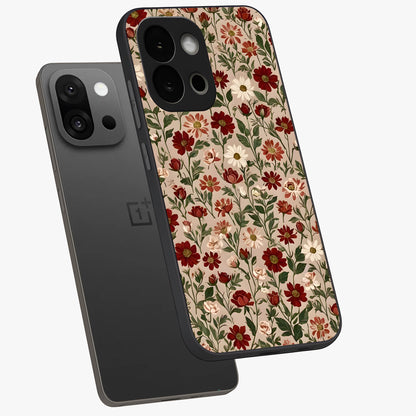 Biege Flower With Leaf Glass Case for 1+13S angled mockup showcasing glossy finish and minimal botanical design