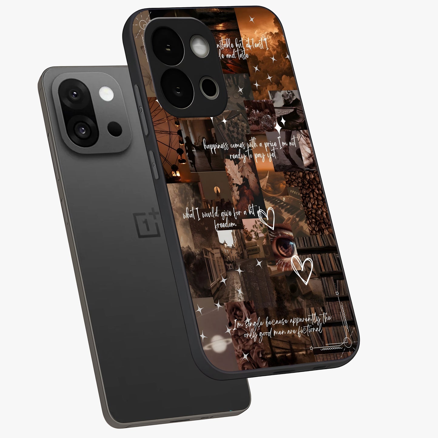 Bittersweet Aesthetic Chaos Glass Case for 1+13S angled mockup showcasing glossy finish and artistic chaotic design