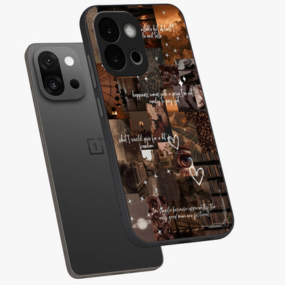 Bittersweet Aesthetic Chaos Glass Case for 1+13S angled mockup showcasing glossy finish and artistic chaotic design