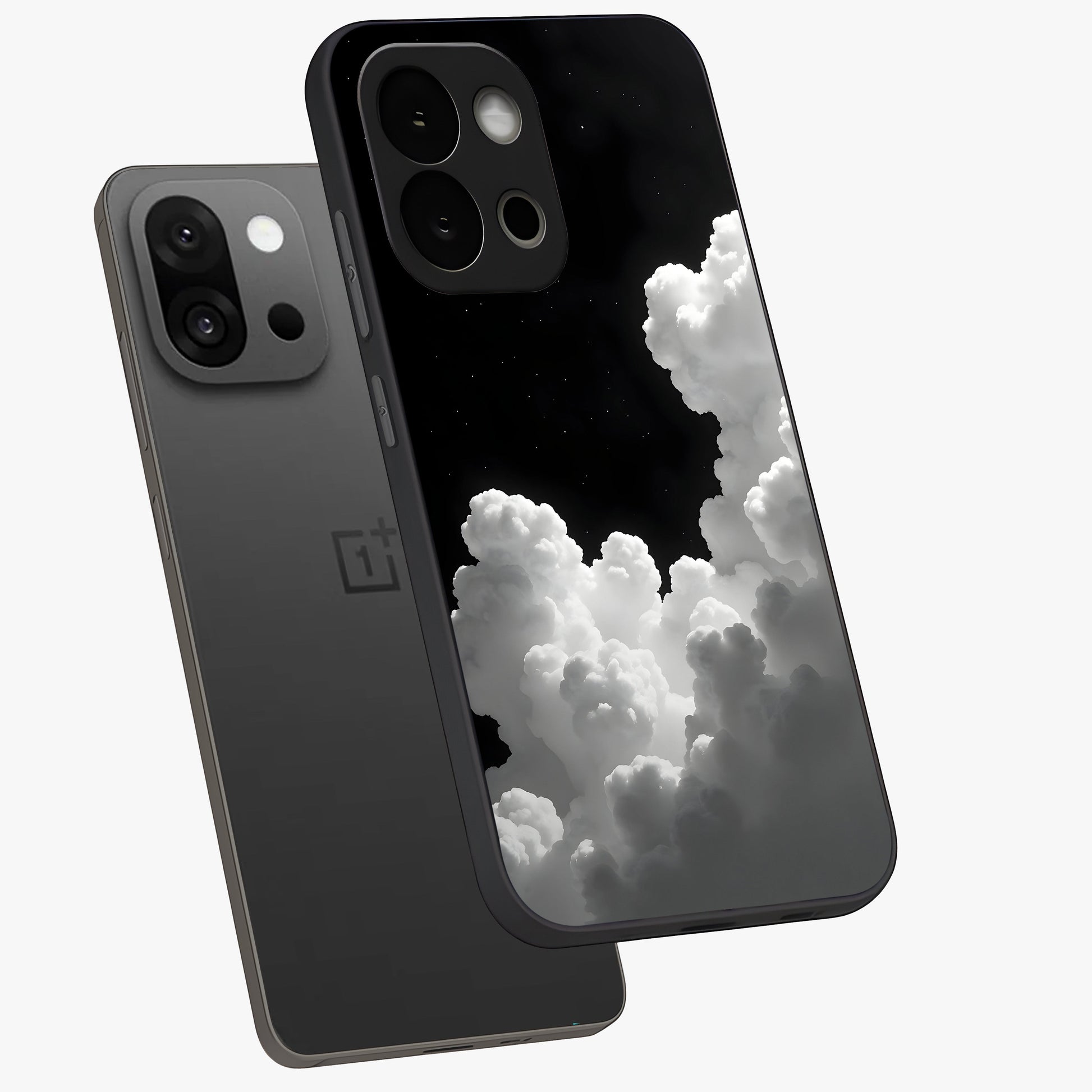 Black Background With White Cloud Glass Case for 1+13S angled mockup showcasing glossy finish and high contrast design