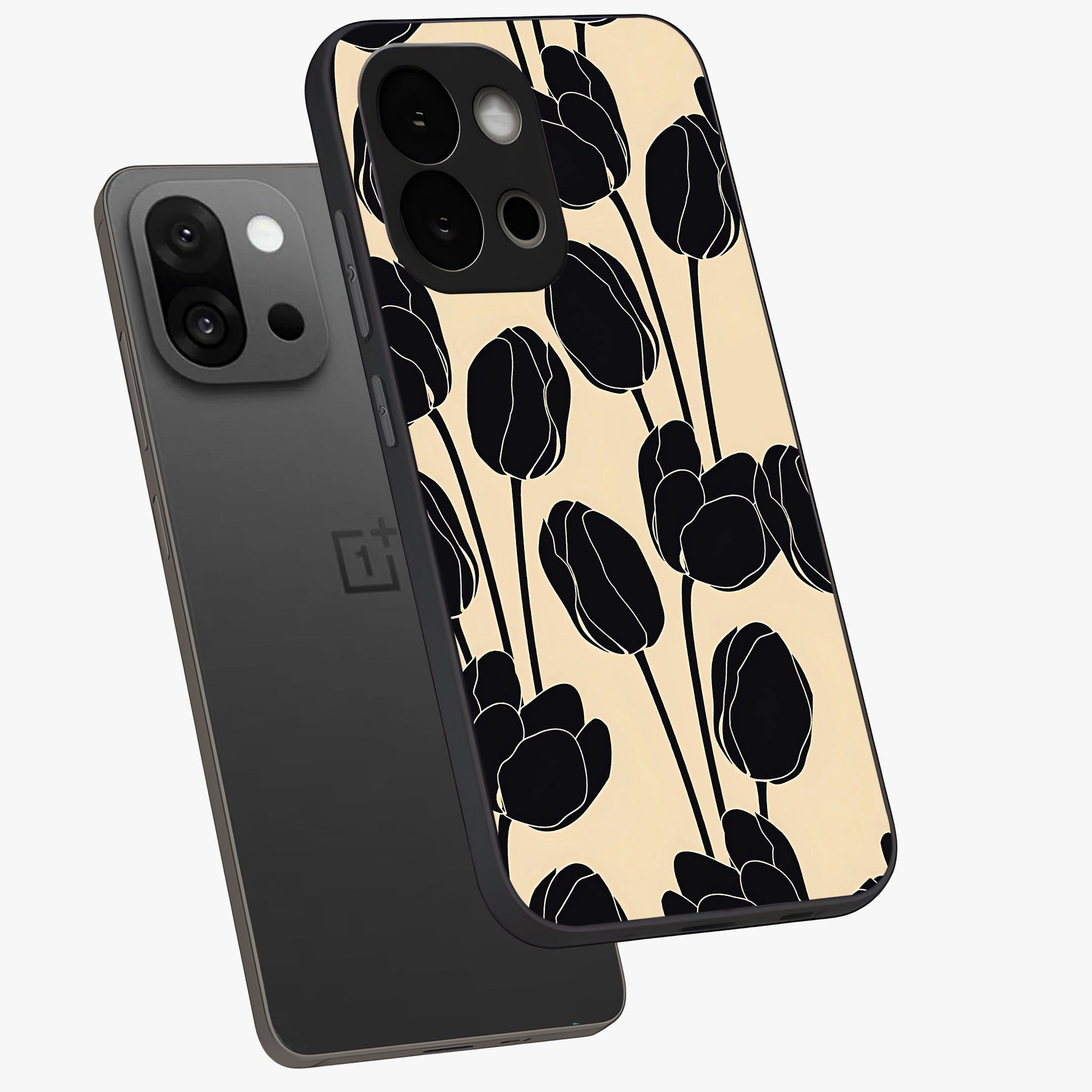Black Designer Tulip Glass Case for 1+13S angled mockup showcasing glossy finish and premium floral detailing
