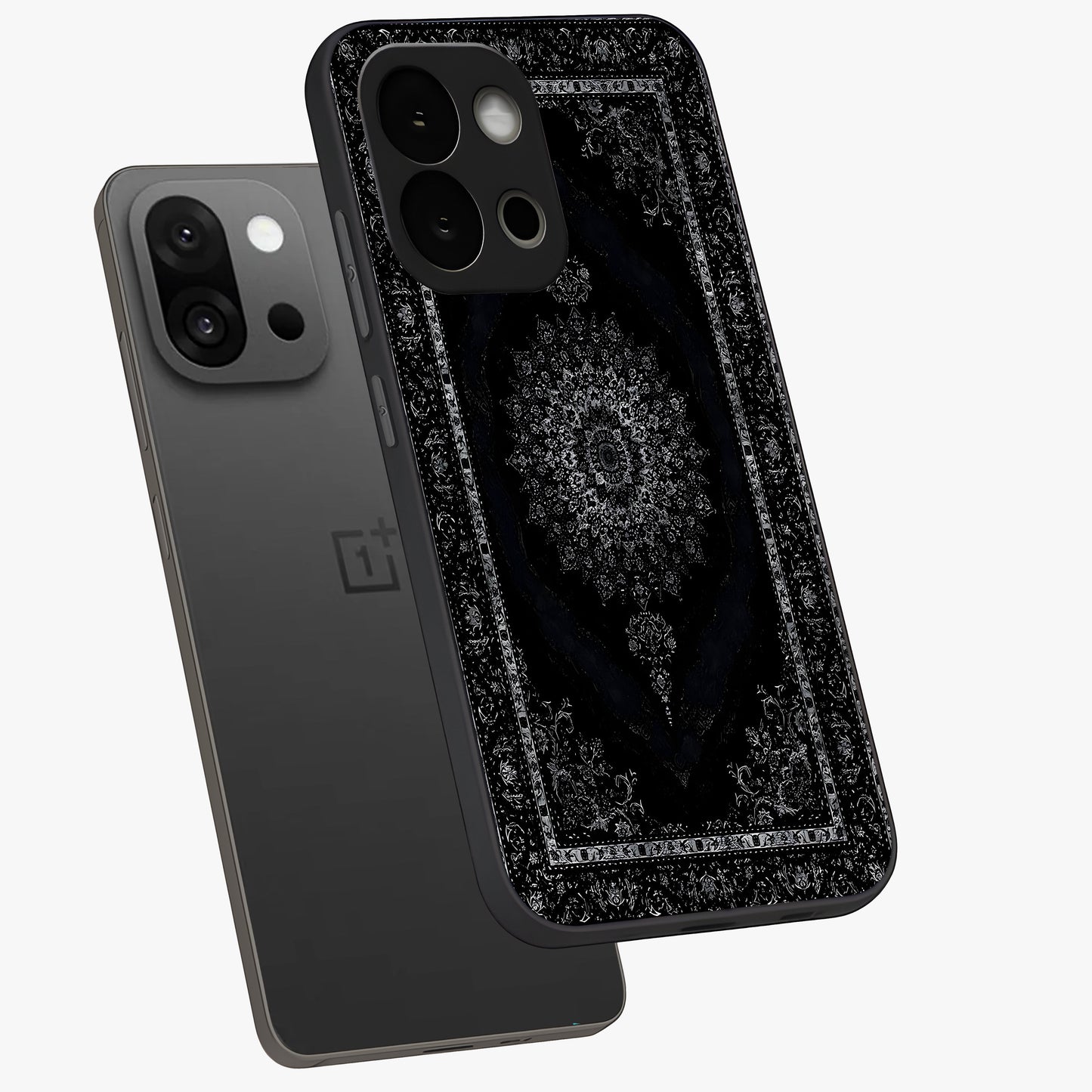 Black Persian Carpet Glass Case for 1+13S angled mockup showcasing glossy finish and detailed ornamental design