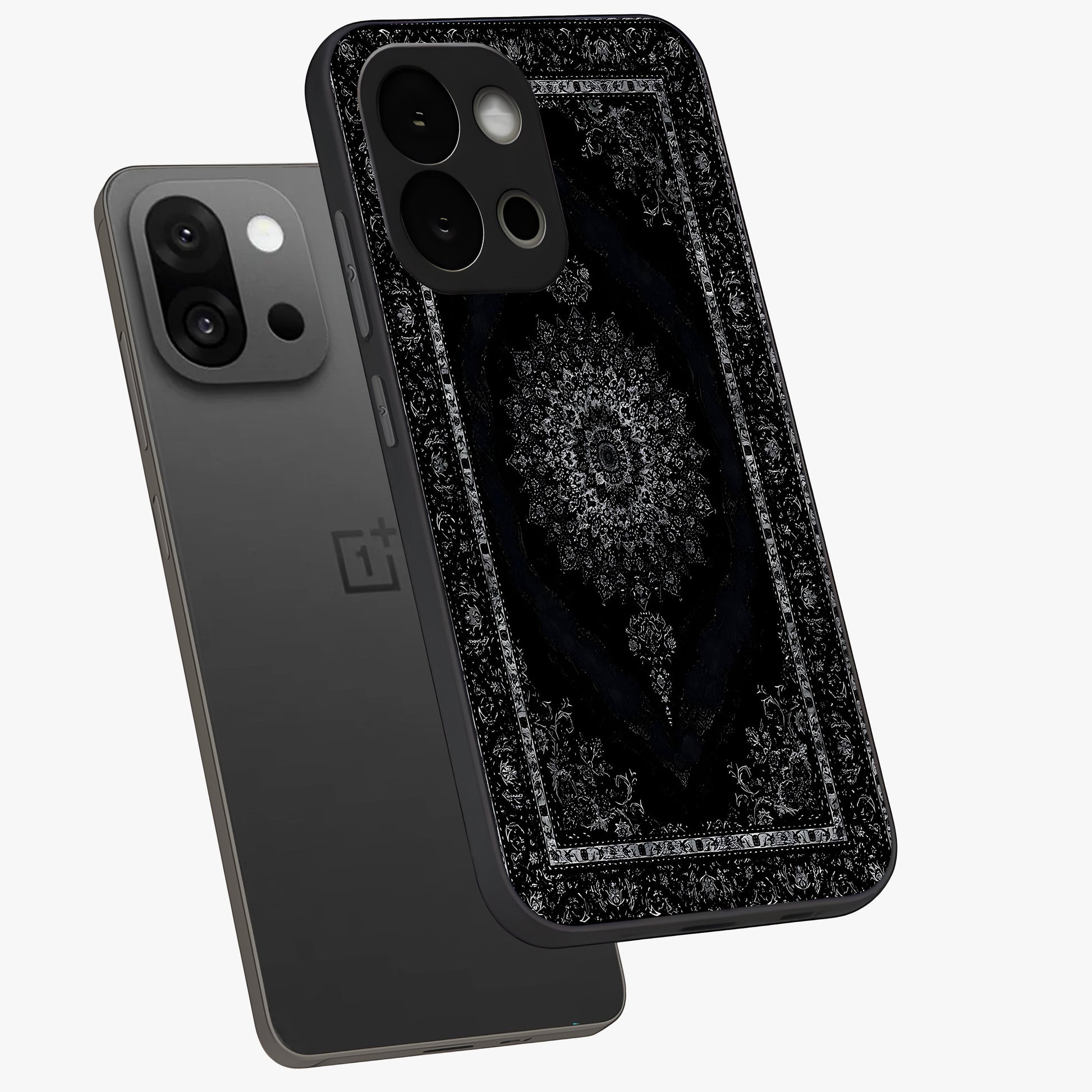 Black Persian Carpet Glass Case for 1+13S angled mockup showcasing glossy finish and detailed ornamental design