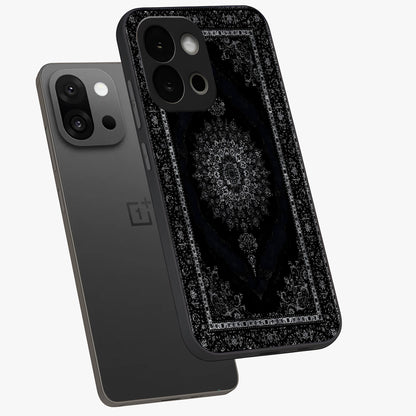 Black Persian Carpet Glass Case for 1+13S angled mockup showcasing glossy finish and detailed ornamental design