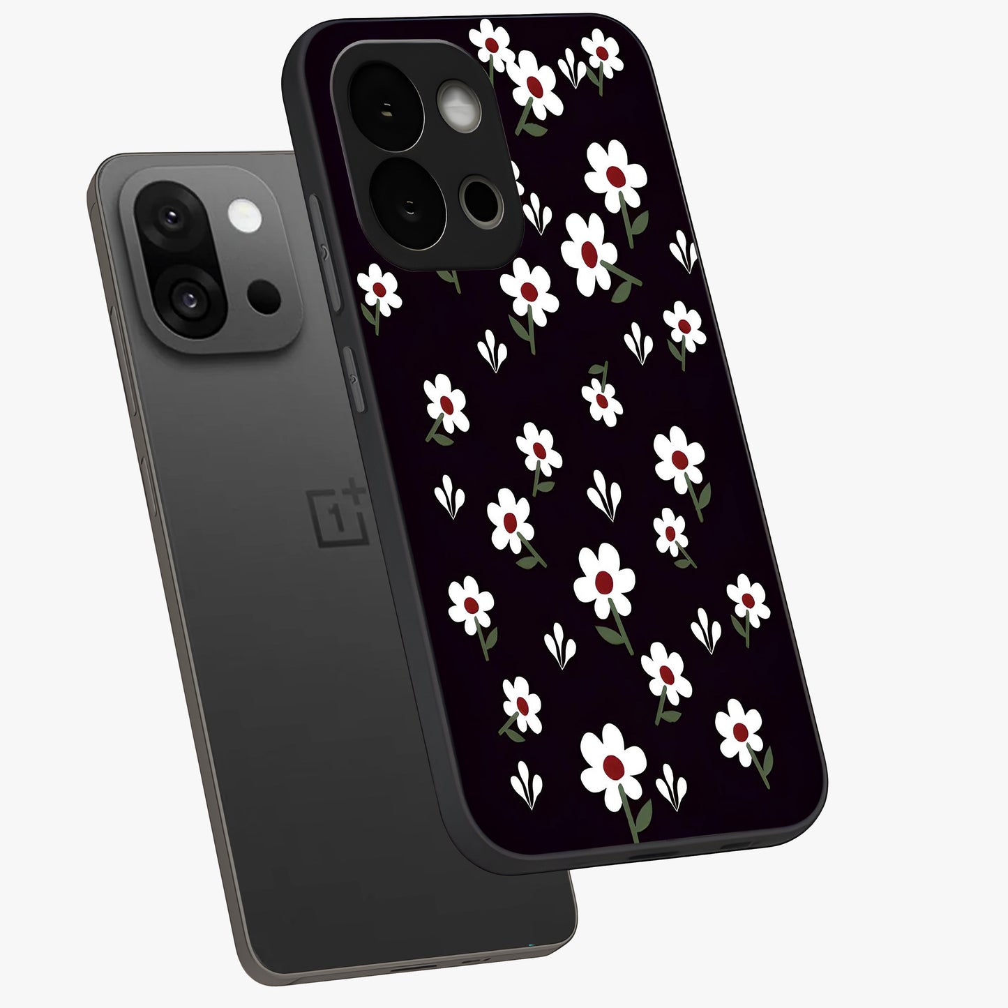 Black Prints Daisy Flower Pattern Glass Case for 1+13S angled mockup showcasing glossy finish and bold floral contrast