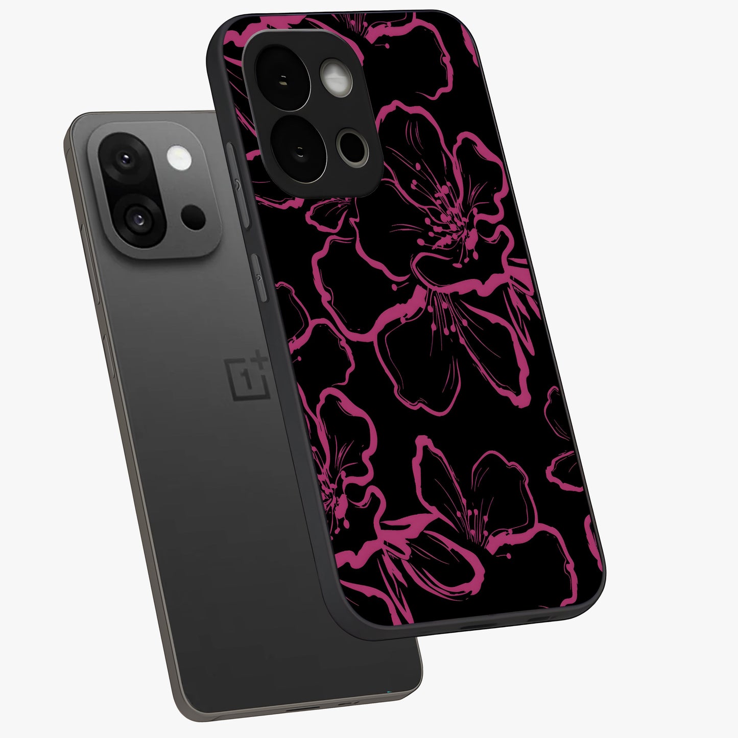 Black Violet Sketch Garden Glass Case for 1+13S angled mockup showcasing glossy finish and hand drawn garden design