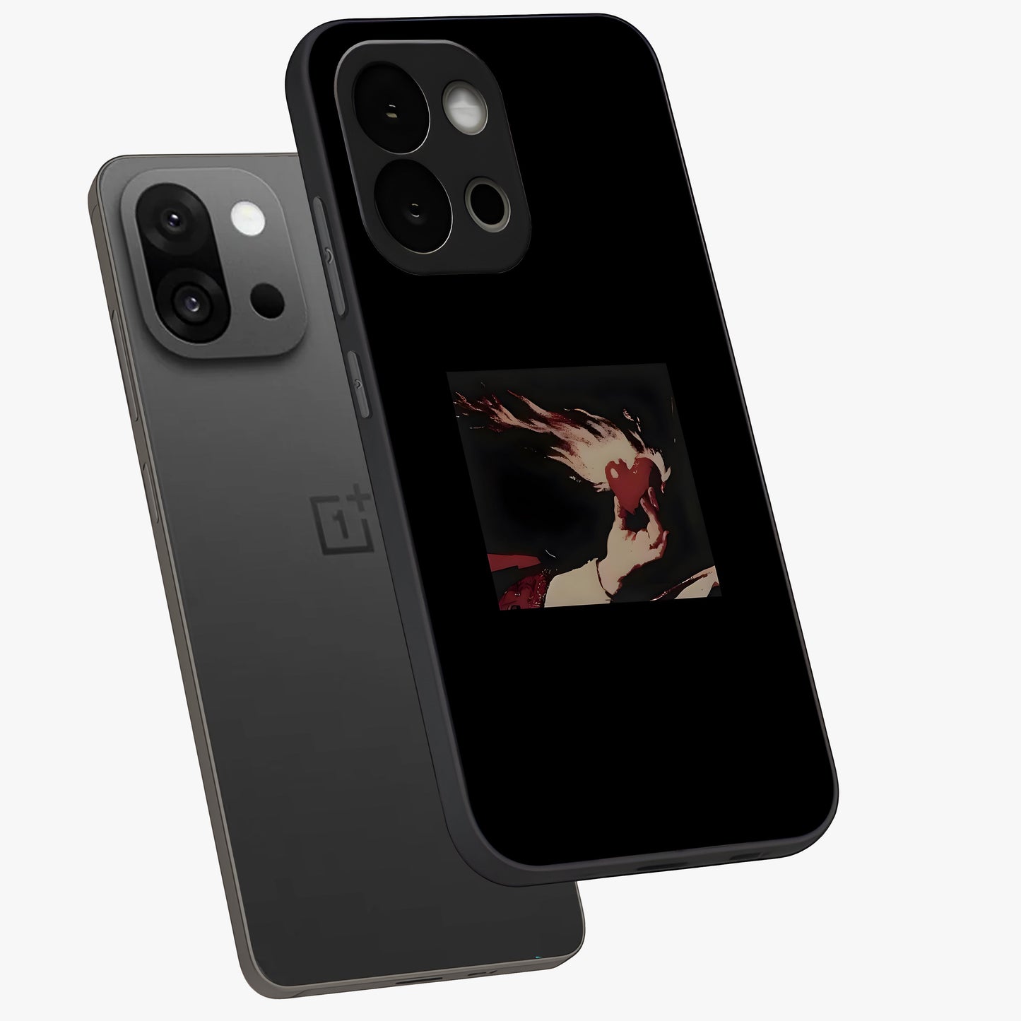 Blazing Heart Faith Glass Case for 1+13S captured at a warm angle highlighting bold flame tones, gloss, and edge clarity.