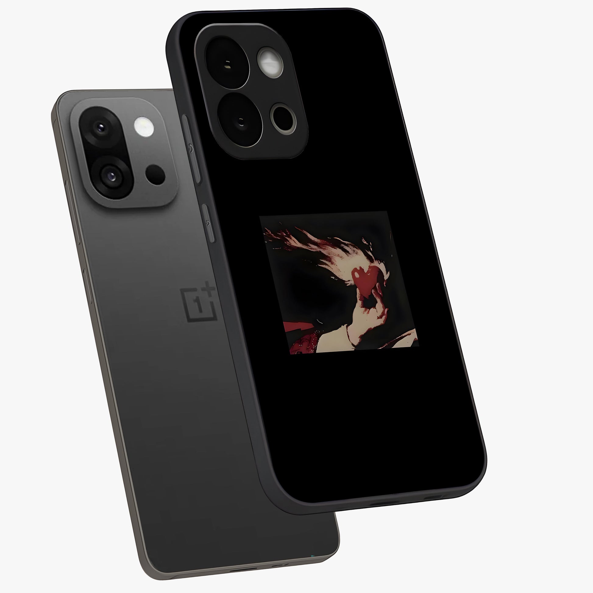 Blazing Heart Faith Glass Case for 1+13S captured at a warm angle highlighting bold flame tones, gloss, and edge clarity.