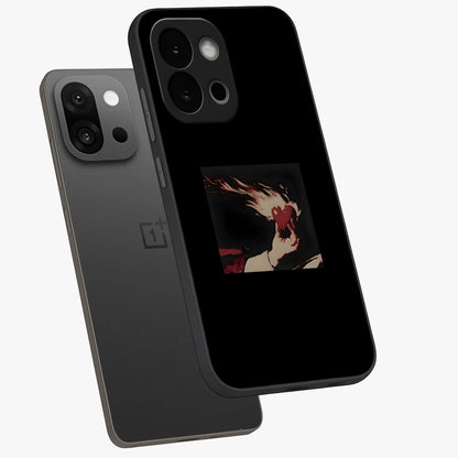 Blazing Heart Faith Glass Case for 1+13S captured at a warm angle highlighting bold flame tones, gloss, and edge clarity.