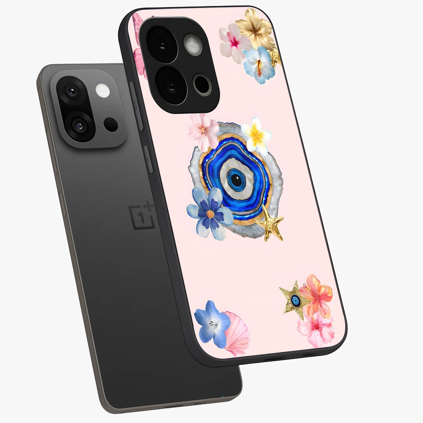 Blossom Evil Charm Glass Case for 1+13S angled mockup showcasing glossy finish and protective charm design