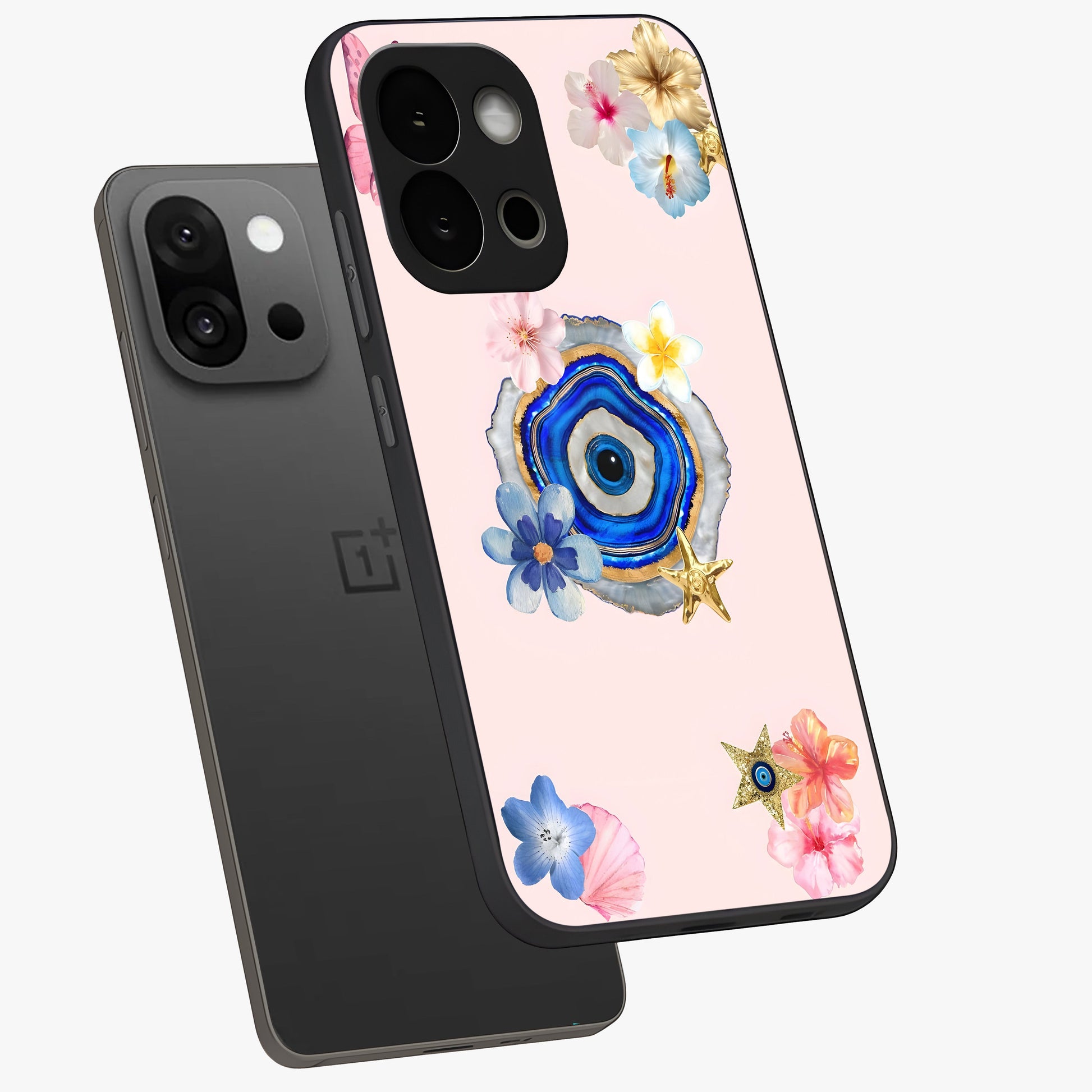 Blossom Evil Charm Glass Case for 1+13S angled mockup showcasing glossy finish and protective charm design