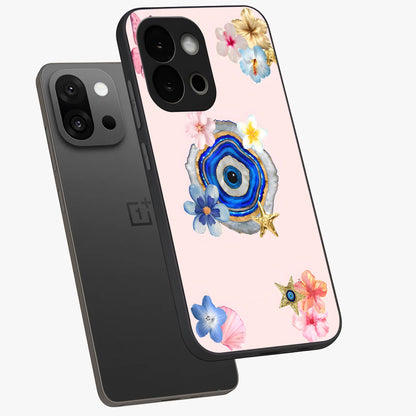 Blossom Evil Charm Glass Case for 1+13S angled mockup showcasing glossy finish and protective charm design