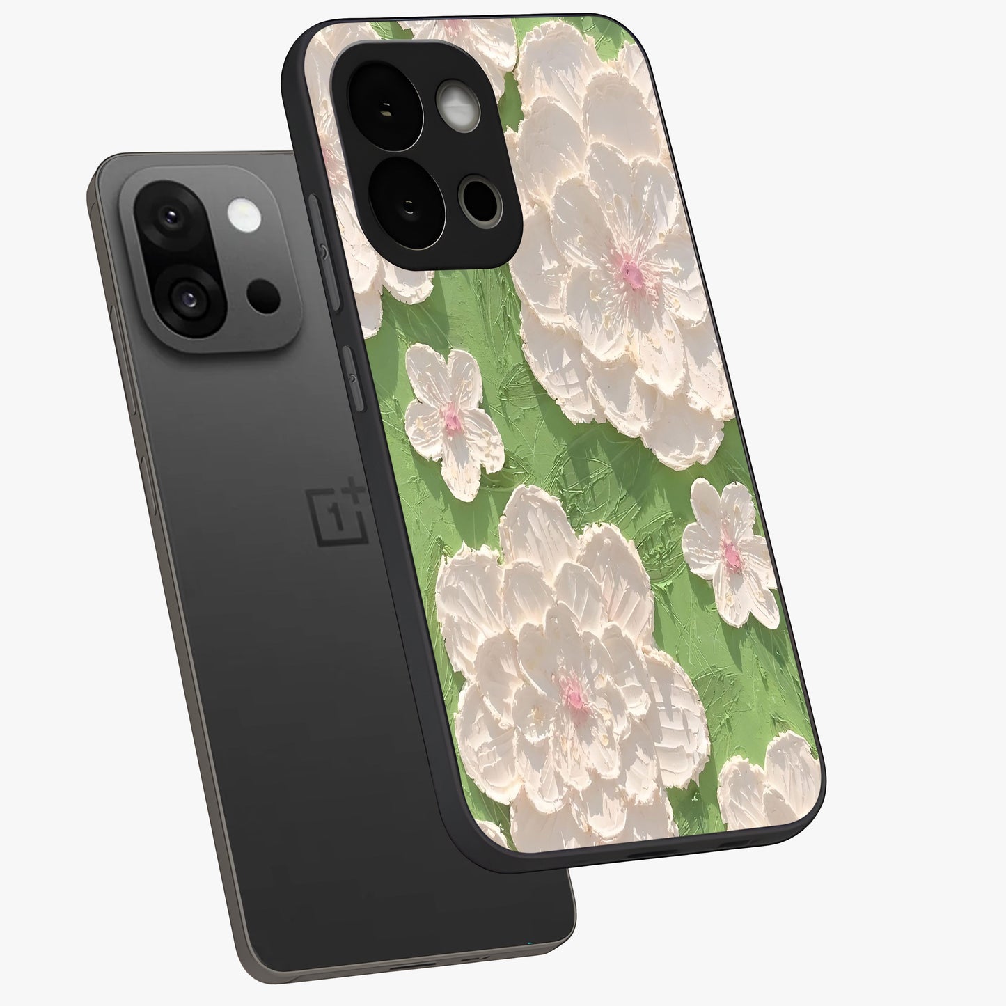 Blossom Meadow Dreams Glass Case for 1+13S angled mockup showcasing glossy finish and pastel bloom textures