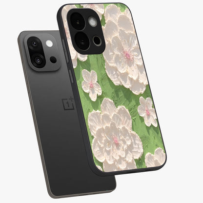 Blossom Meadow Dreams Glass Case for 1+13S angled mockup showcasing glossy finish and pastel bloom textures