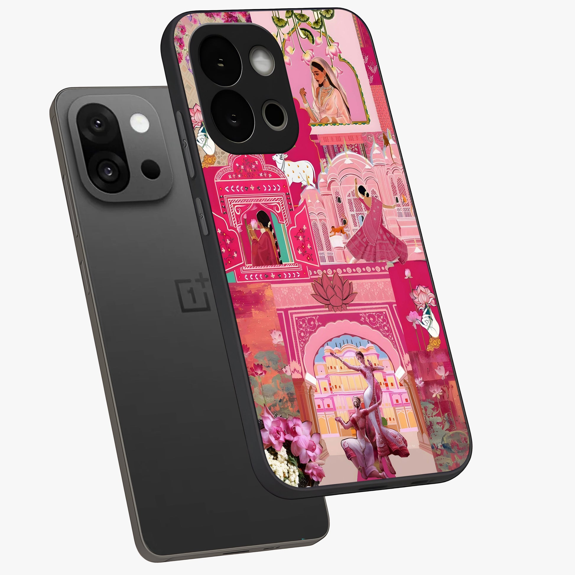 Blossoms of Rajasthan Glass Case for 1+13S angled mockup showcasing glossy finish and rich cultural patterns