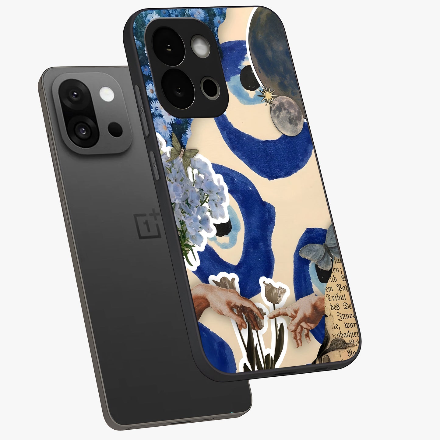 Blue Evil Divine Glass Case for 1+13S angled mockup showcasing glossy finish and striking blue symbol design