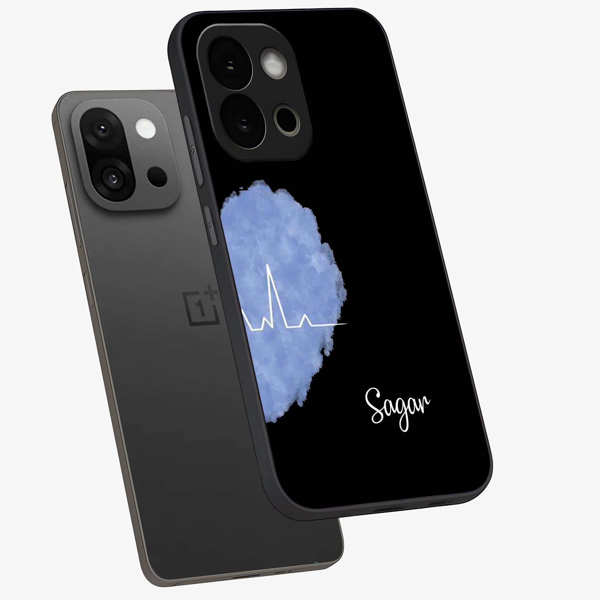 Blue Pulse Bond Glass Case for 1+13S angled mockup showcasing glossy glass finish and vibrant energy design