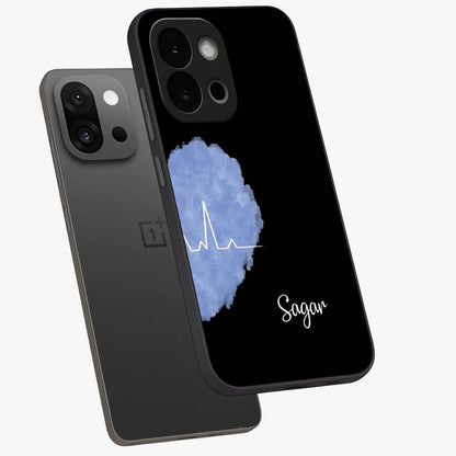 Blue Pulse Bond Glass Case for 1+13S angled mockup showcasing glossy glass finish and vibrant energy design