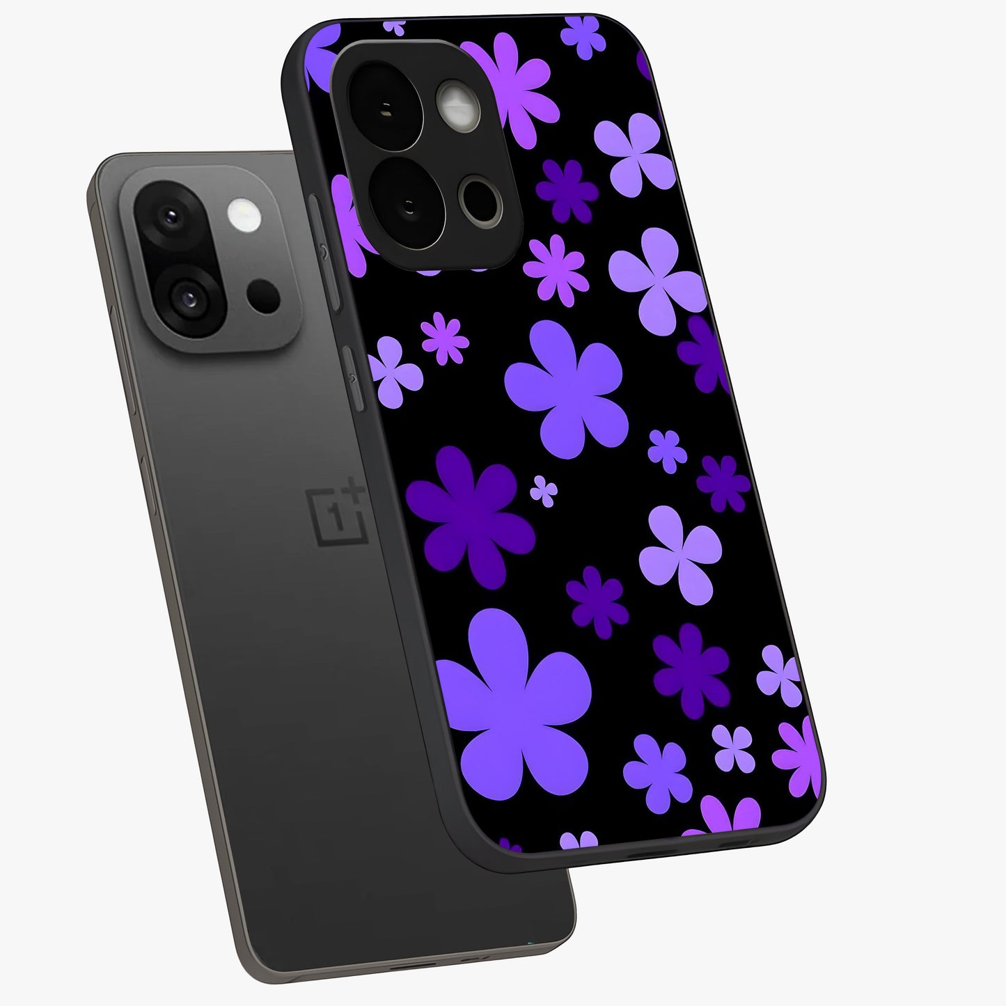 Blue Retro Pop Flowers Glass Case for 1+13S angled mockup showcasing glossy finish and playful pop flower design