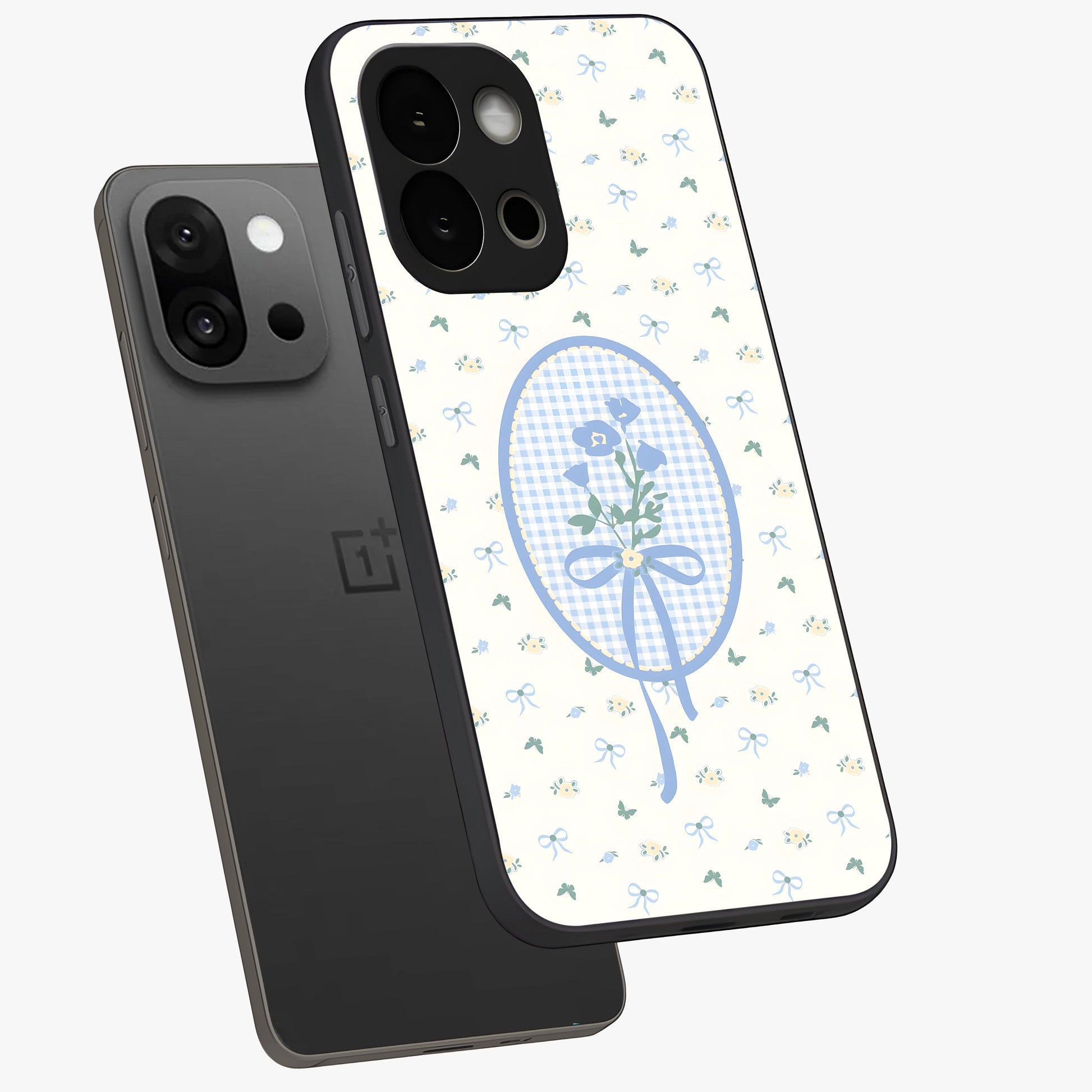 Blue Ribbon Bloom Glass Case for 1+13S angled mockup showcasing glossy finish and delicate bloom detailing