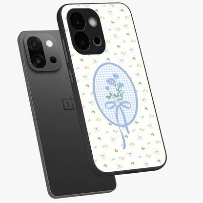 Blue Ribbon Bloom Glass Case for 1+13S angled mockup showcasing glossy finish and delicate bloom detailing