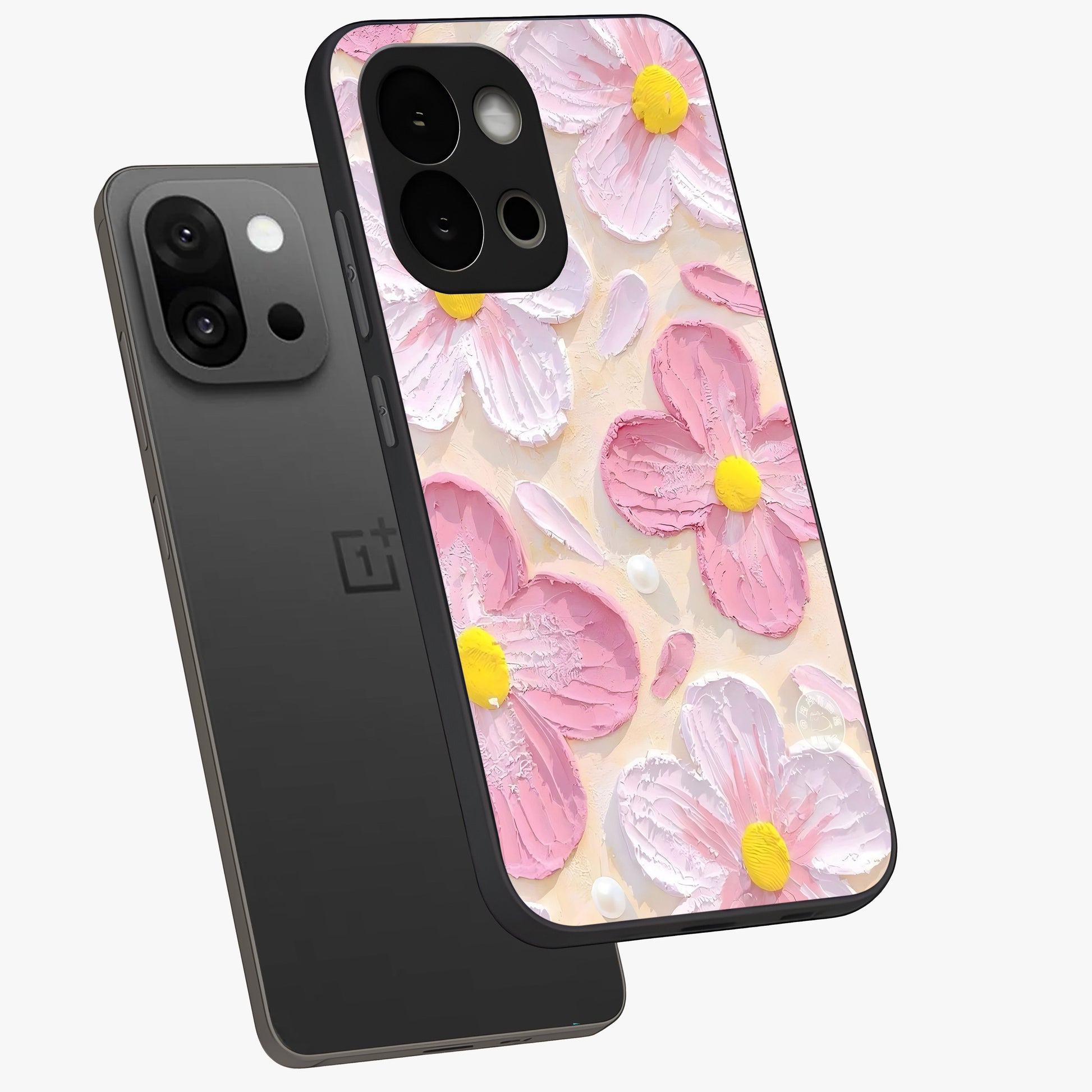 Blush Bloom Texture Glass Case for 1+13S angled mockup showcasing glossy finish and layered texture detailing