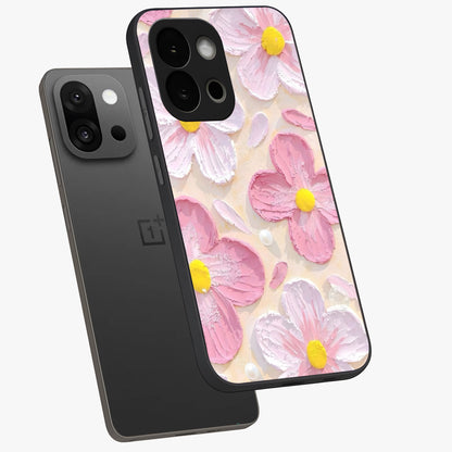 Blush Bloom Texture Glass Case for 1+13S angled mockup showcasing glossy finish and layered texture detailing