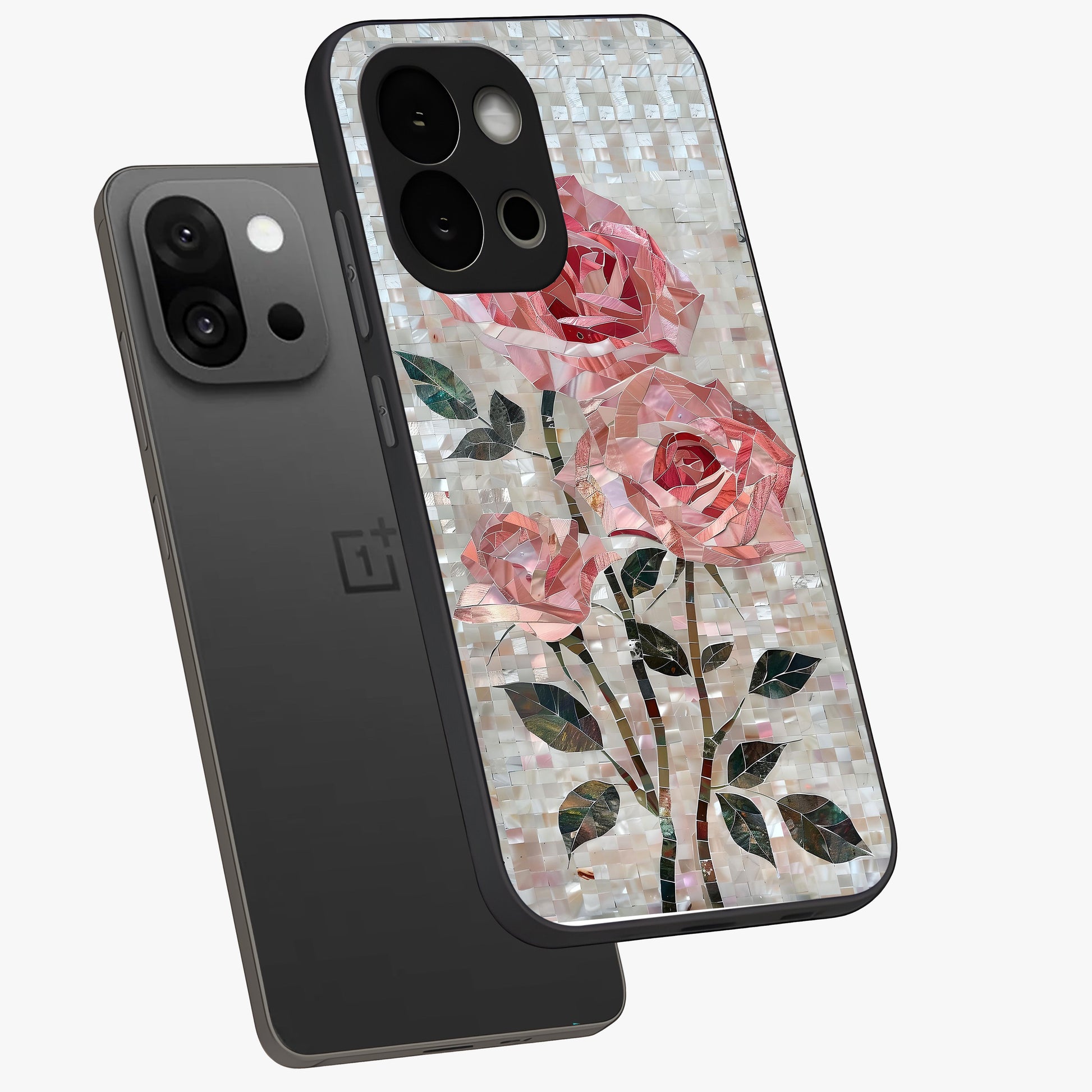 Blush Luxe Bloom Glass Case for 1+13S angled mockup showcasing glossy finish and premium bloom design
