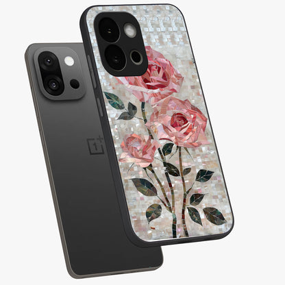 Blush Luxe Bloom Glass Case for 1+13S angled mockup showcasing glossy finish and premium bloom design