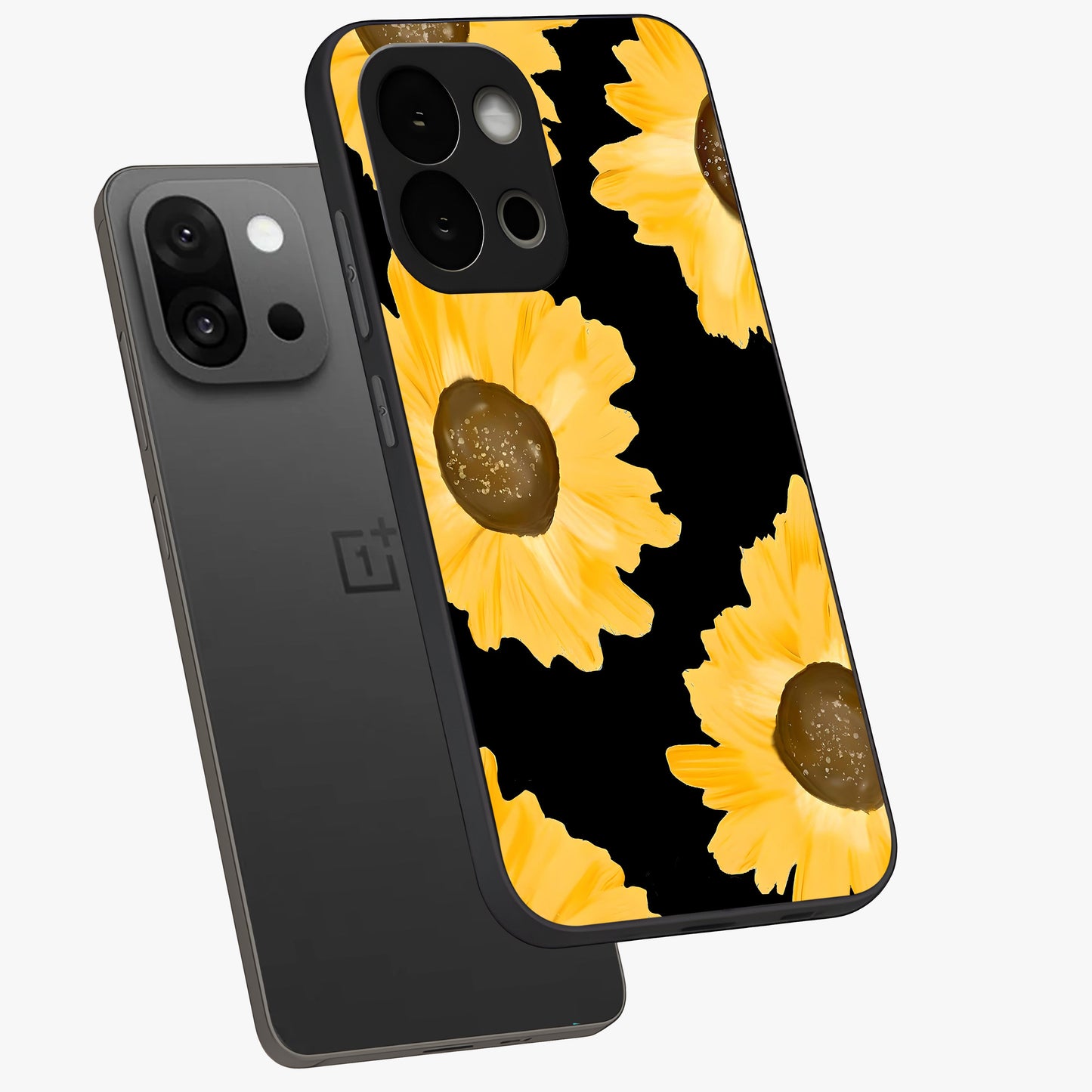 Bold Sunflowers Glow Glass Case for 1+13S angled mockup showcasing glossy glass finish and bright floral detailing