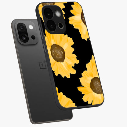Bold Sunflowers Glow Glass Case for 1+13S angled mockup showcasing glossy glass finish and bright floral detailing