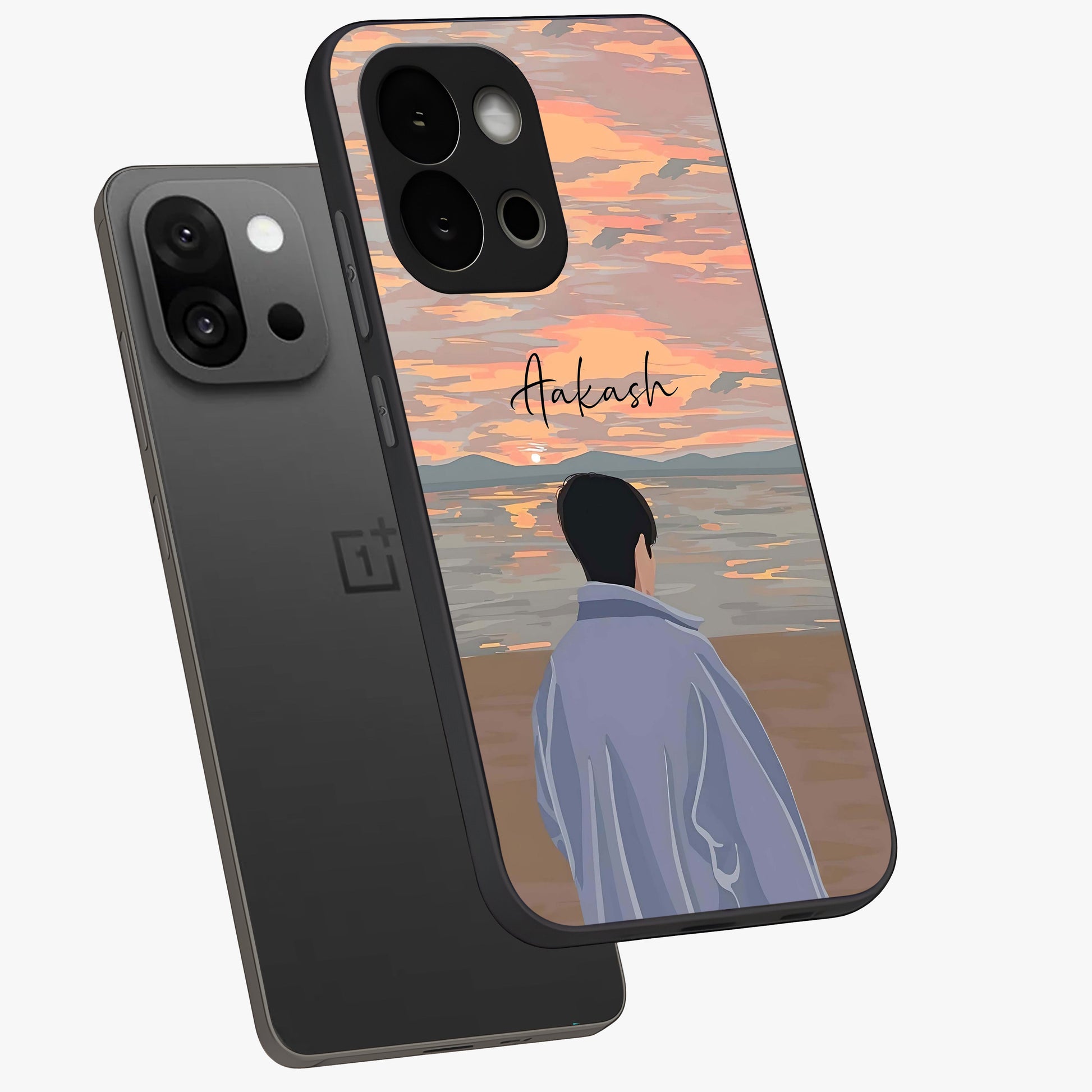 Boy Facing Sunset Beach Glass Case for 1+13S angled mockup showcasing glossy finish and warm beach tones