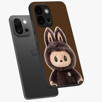 Brown Labubu Design Glass Case for 1+13S angled mockup showcasing glossy finish and detailed cartoon illustration