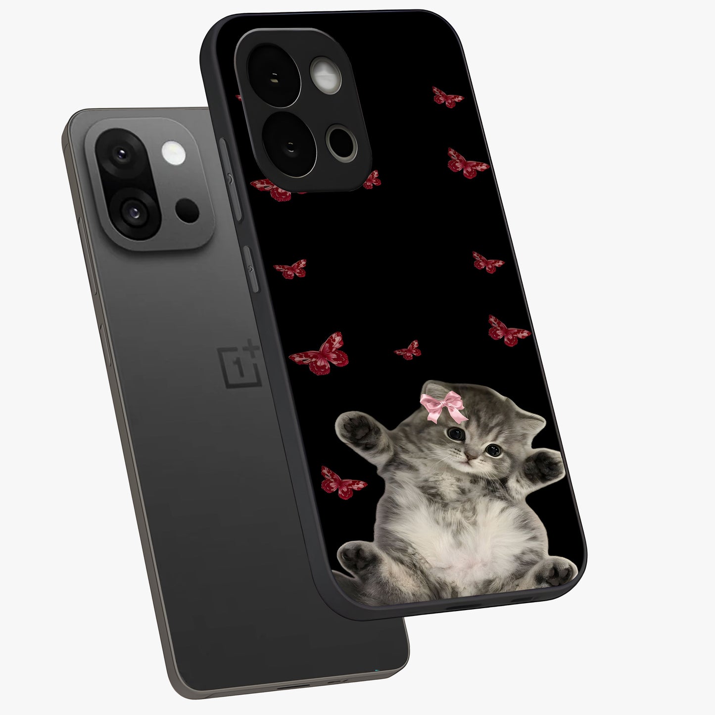 Butterfly Cat Bliss Glass Case for 1+13S angled mockup showcasing glossy finish and soft pastel tones