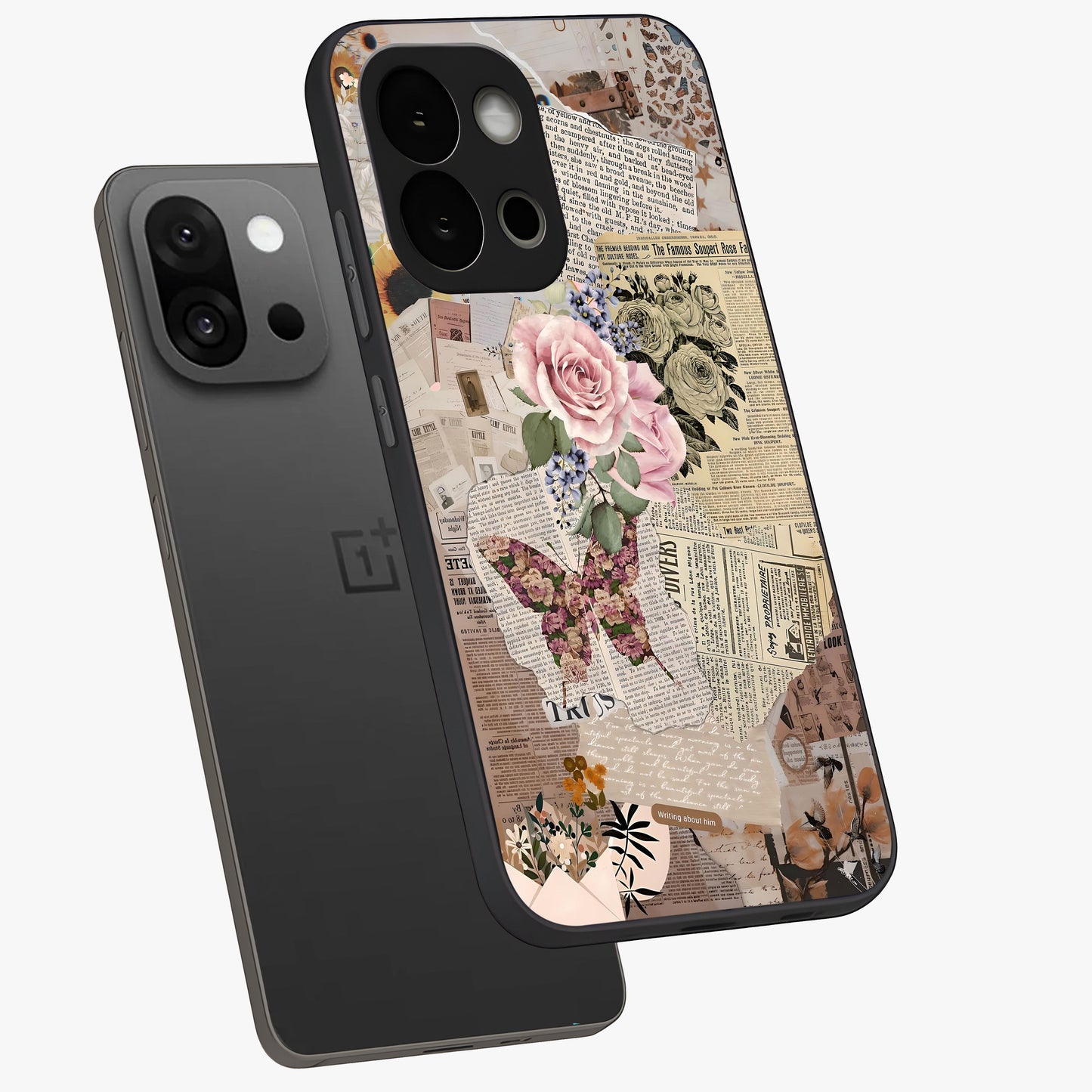 Butterfly News Bloom Glass Case for 1+13S angled mockup showcasing glossy finish and vibrant nature design