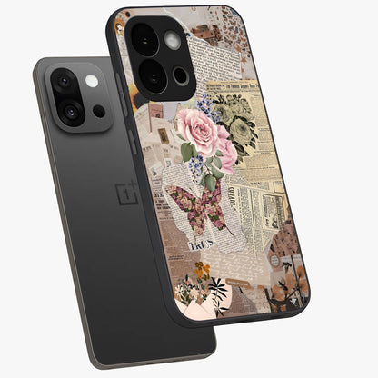 Butterfly News Bloom Glass Case for 1+13S angled mockup showcasing glossy finish and vibrant nature design