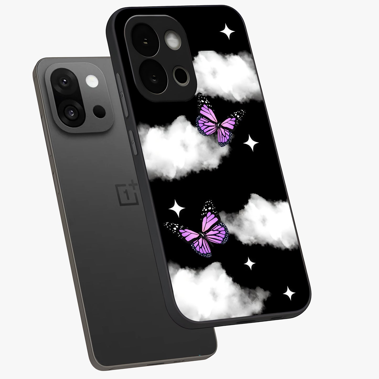 Butterfly Night Drift Glass Case for 1+13S angled mockup showcasing glossy finish and deep midnight gradients
