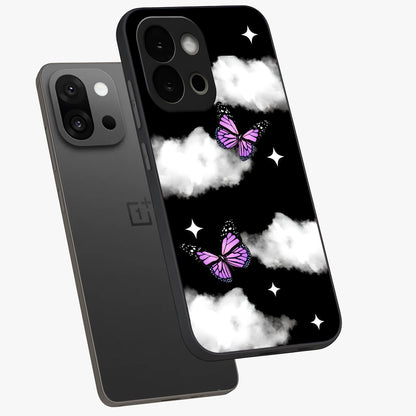 Butterfly Night Drift Glass Case for 1+13S angled mockup showcasing glossy finish and deep midnight gradients