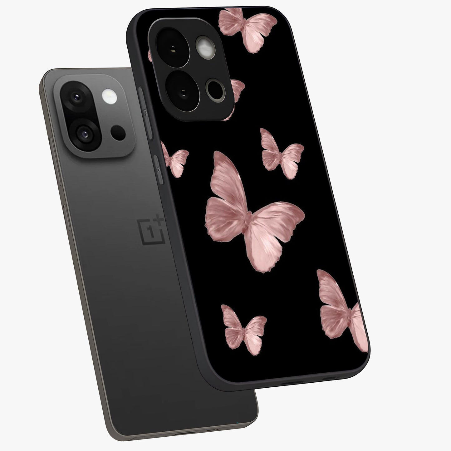 Butterfly Pattern Glass Case for 1+13S angled mockup showcasing glossy glass finish and delicate wing design